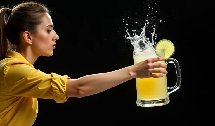 Create a realistic image of a woman in her 20s holding a mug with her left arm. She is wearing a yellow button-down shirt with the sleeves rolled up. She is forcefully pushing the mug from left to right. The mug is filled with a clear, carbonated Sprite an...