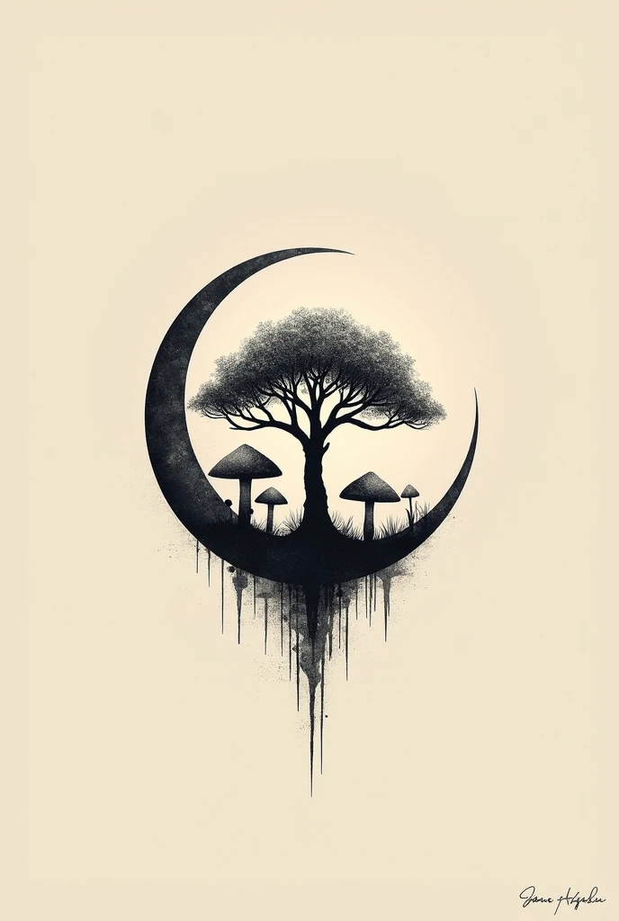 Un tatouage rond avec une demi-lune comme base du design, très importante. À l’intérieur de la demi-lune, un arbre de vie simple et épuré, entouré de champignons hallucinogènes stylisés. Le design doit être minimaliste, facile à réaliser, avec des lignes n...