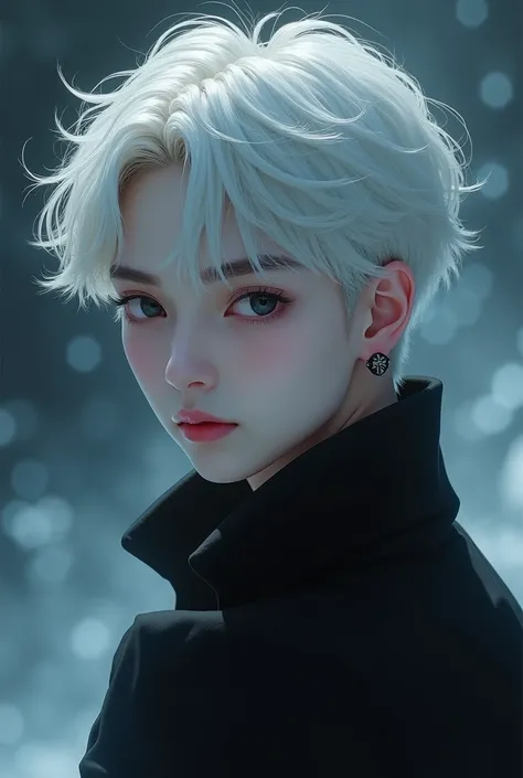 absurdres,  high resolution,  ultra high definition, HDR, masterpiece,  Top Quality ,  very detailed face , delicate features, Jaehwan ,  White Hair ,  short hair ,  no fringes ,  has no bangs ,  handsome hair , 멋진 Black 눈동자, The World After The Fall, Alon...