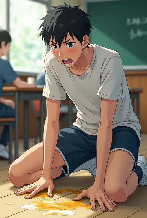  urinating and blushing incontinence A male high school student in the soccer club who didnt make it in time to urinate during class Urine is leaking out of his pants puddle of urine on the floor　Holding down the front of his pants 　
 Japanese Anime