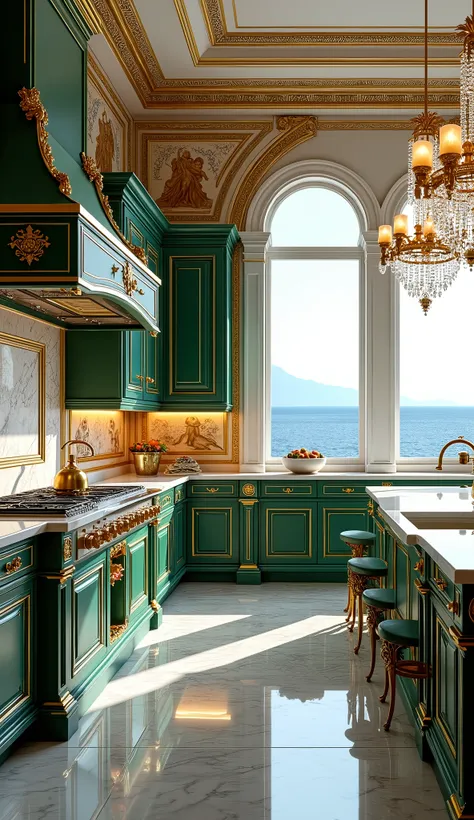 Create a stunning, Baroque-inspired kitchen that radiates luxury and elegance, perfectly blending modern functionality with opulent design. The countertops are crafted from pristine white marble with veins of gold, and the cabinets, painted a deep emerald ...