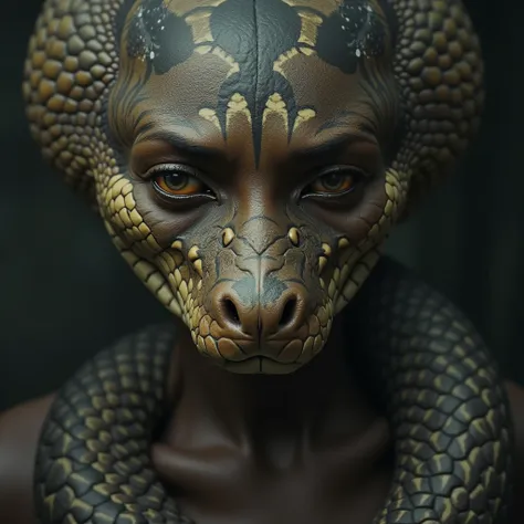 Un gros plan sur le serpent avec la tête humaine de la mère camerounaise. Ses yeux trahissent une immense tristesse et une compréhension douloureuse de la situation.