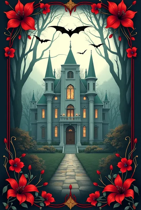  Make the cover of an elegant concept book with a title: Silver master and blood eyes .  Bordered with flowers, red spider lily in stained glass and bats  ,  silver eyes and the central image of a white fairytale mansion with an atmosphere of terror,  sewi...