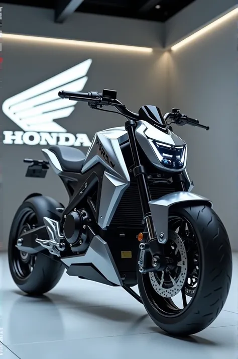 Generate a high-resolution, fully realistic image of a ( Model ) in ( 2025 Honda Grom) , with a sleek and modern exterior, futuristic wheels, and a shimmering body color, displayed in a luxurious showroom with a large logo on the back wall. The image shoul...