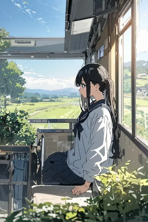  black hair long hair　Glasses　 sailor suit　 loose socks　 ponytails　 Beautiful Girl　Two people talking in the classroom　The view from the window is a rural landscape