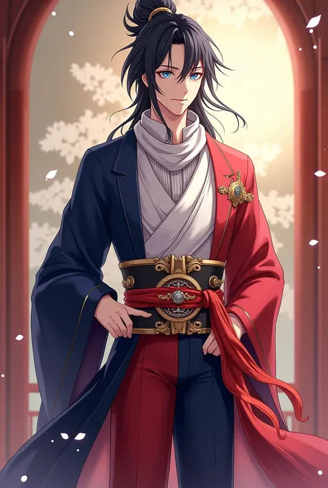 A quiet anime young man with sharp blue eyes represents long black hair tied to a black ribbon  , He has fair skin and wears all the beautiful and luxurious fancy clothes, such as the clothes of the nobles represented by Edo. The clothes of the nobles are ...