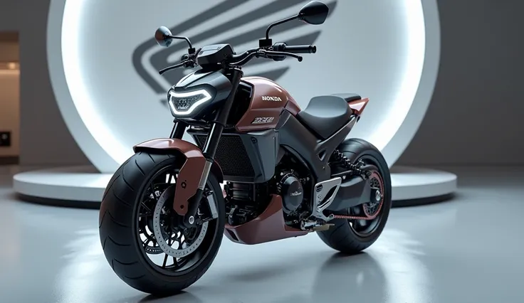 Generate a high-resolution, fully realistic image of a ( Model ) in ( 2025 Honda Grom) , with a sleek and modern exterior, futuristic wheels, and a shimmering body color, displayed in a luxurious showroom with a large logo on the back wall. The image shoul...