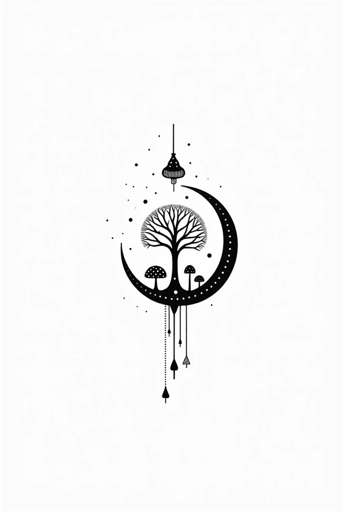 (Dessins au trait) Un tatouage rond avec une demi-lune comme base du design, très importante. À l’intérieur de la demi-lune, un arbre de vie simple et épuré, entouré de champignons hallucinogènes stylisés. Le design doit être facile à réaliser, avec des li...