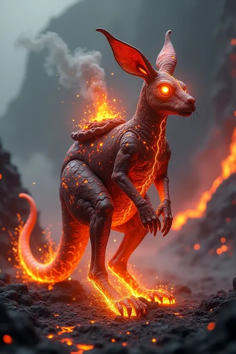 A mythical hybrid creature that merges a kangaroo and a volcano. This animal has the body structure of a muscular kangaroo, with molten lava patterns glowing across its rocky, magma-textured skin. Its powerful legs emit small bursts of steam and sparks whe...