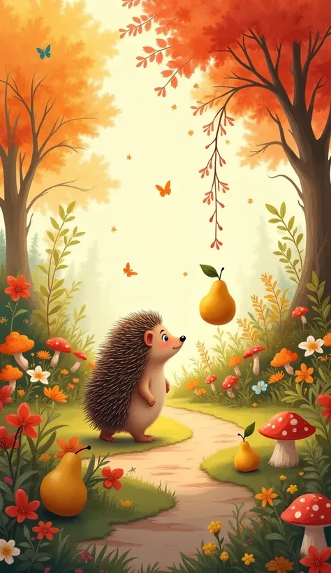 Illustration for a nursery poem .  A hedgehog is walking through an autumn garden and a pear falls on his back