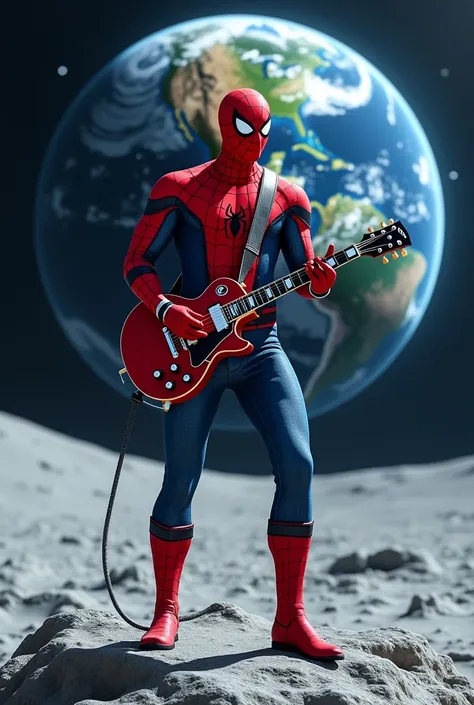 Spider man stand up moon with guitar baground earth
