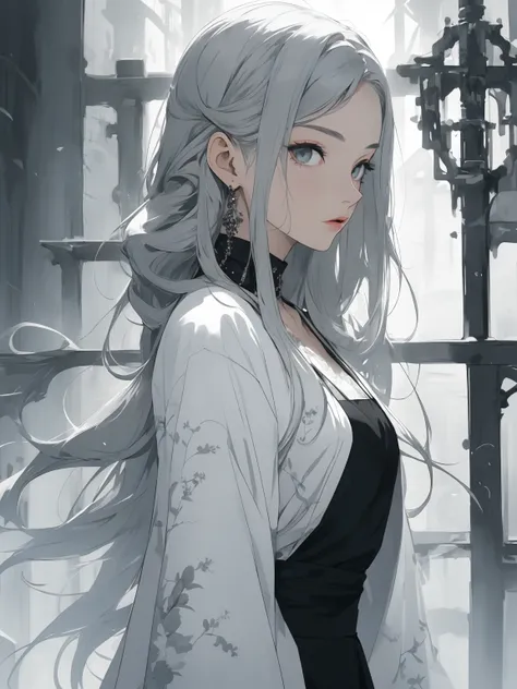  Veil on head ,  Grey veil , white hair, Off-white,  Gouveuse Art Style ,  Arrogant and indifferent girl, Half-dressed , white eyes , White eyes,  National style , Off-white