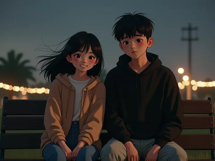 A 19 year old girl with shoulder-length black hair sitting on a bench beside a 20 year old boy with short black hair, in Taman Nyawiji, at night with the wind blowing, dark skies with pretty lights, the boy is wearing a black hoodie and gray joggers the gi...