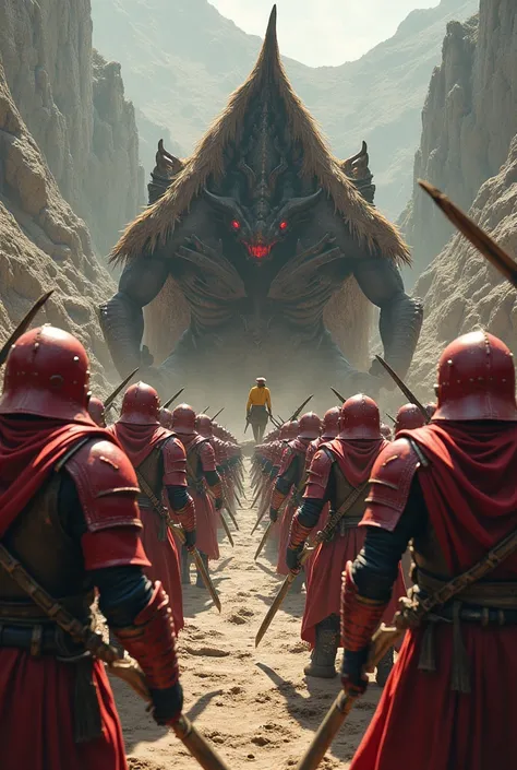 Photo of the two warriors, the red warriors who are protecting the skin from the black beasts to keep anyone from getting far, the skin being built in front, and the yellow warrior is building a new skin construction in the back.