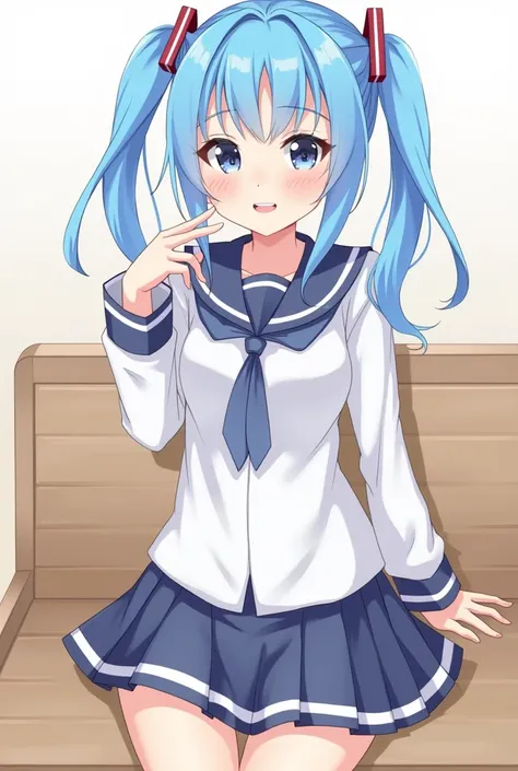  one girl 、Blue Hair、 twin tails、 Viewers Aim、anime、 Beautiful Girl、bench、sit、 
 crosses legs  