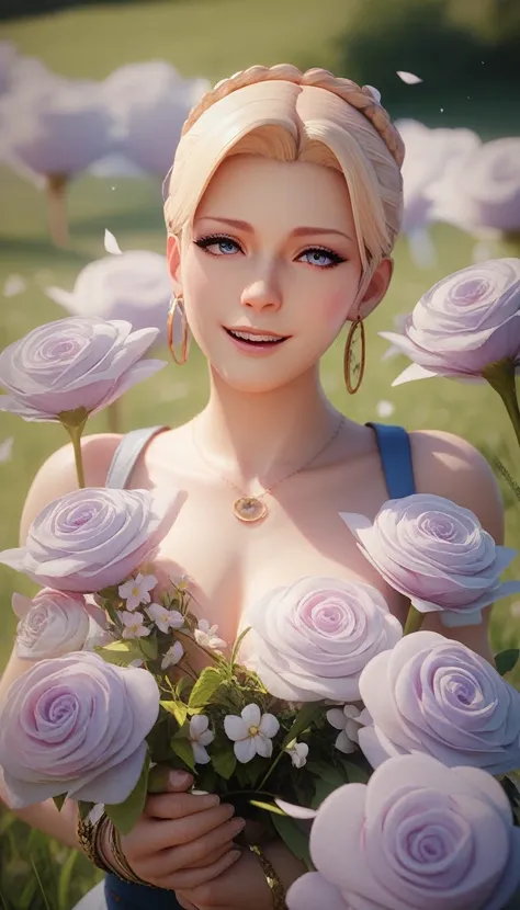 "Experience the beauty of nature as an anime character takes a peaceful walk through a field filled with delicate flowers and majestic mountains. The high quality rendering and 4k resolution make this scene come alive with stunning detail." There are a boy...