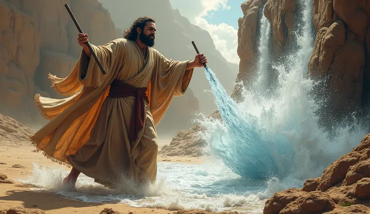 Moses striking the rock in frustration, water gushing forth