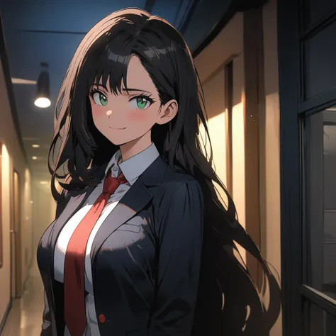 1female, school girl, ((alone)), (smiling:0.9), ((sad expression)), ((very long black hair)), green eyes, long eyelashes, large breasts, black blazers, red ribbon neck tie, (in a hallway), night-time, dim lighting, dorm building, half-body image, masterpie...