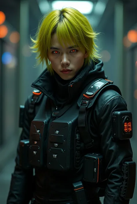 a young asian male character, Orange eyes , Yellowish green hair, black advance agent suit