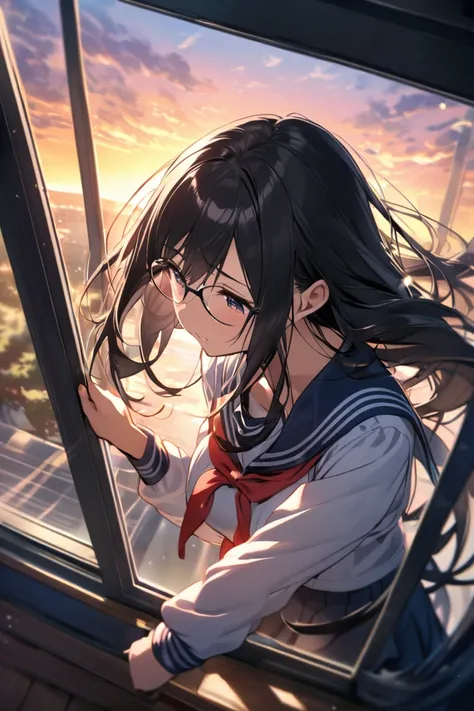  black hair long hair　 wears glasses　 sailor suit　 loose socks　Big Breasts　 Beautiful Girl　 The sunset is shining through the window　after school　The feeling of looking down at an angle from above