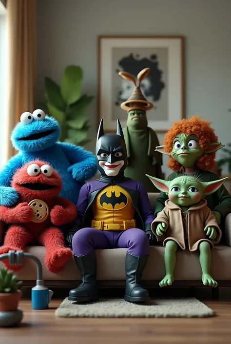 Joker, batman, cookie monster, yoda and gigachad in a couch in a apartment