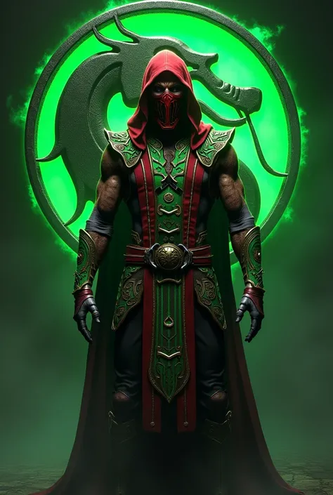   Make me Ermac red mask from Mortal Kombat;dress style with Ermac  &#37th Ermac appearance &#37, background green Mortal Combat logo  