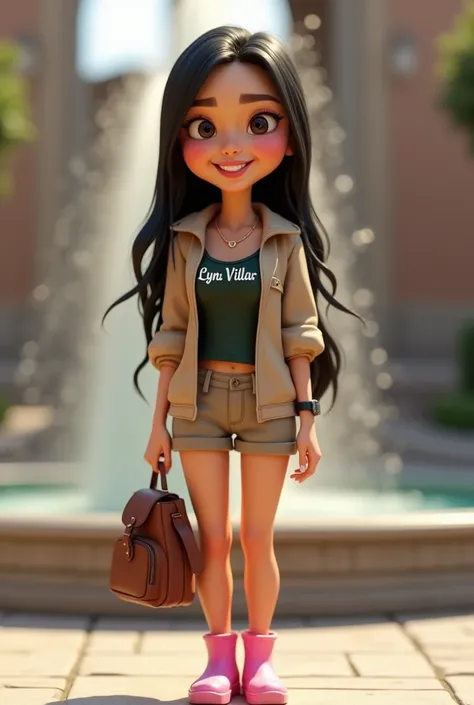  3D caricature, Young Asian Woman, Long Black Hair, Light Brown Cotton Jacket, dark green Tanktop Shirt, light brown shorts, pink rubber shoes, the name Lynn Villar written on the front of her Shirt,  smiling photo facing the front, Church Fountain backgro...