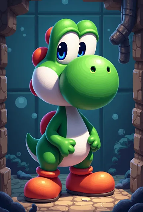 Yoshi in an investigative environment. 
Background plate written : Games Sid 