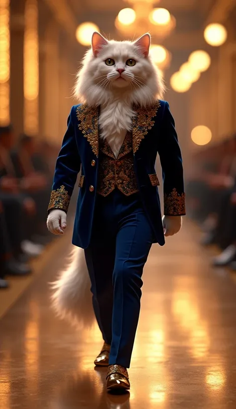 Glamorous Evening Style :  A Persian cat parades in a navy blue velvet jacket with gold details,  tailoring pants and shiny shoes .  Each step exudes luxury and glamor of a sophisticated evening .  HES WALKING LIKE A HUMAN ,  IN A STRAIGHT LINE AND WITH A ...