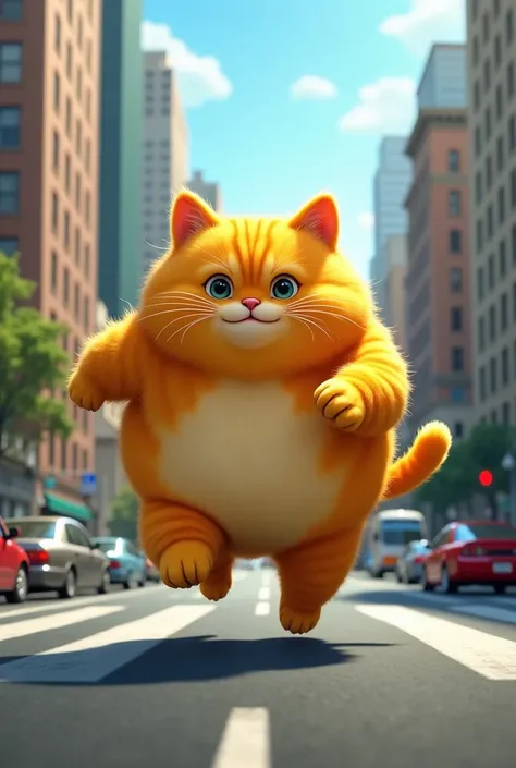 very fat yellow cat run in the street