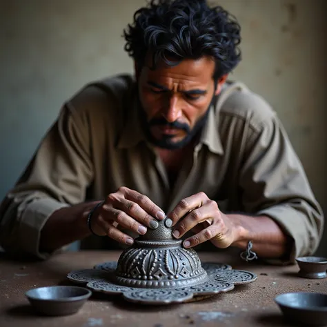 realistic image of The Indian Art of Cast Iron Craftsmanship. cleaning an iron cast using his bare rustic hands close image photographic. plain wall in the background