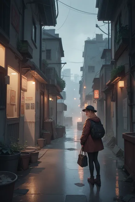 An empty alley with fog in the evening