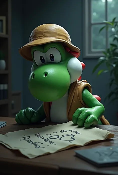 Yoshi detetive. 
Plate in the background, with text: Death note 