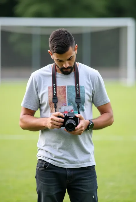 Image is a candid outdoor photograph featuring a man with short, dark hair and medium skin tone, standing on a grassy field. He is focused on a camera in his hands, wearing a light gray t-shirt with a colorful graphic design on the front, and dark jeans. T...