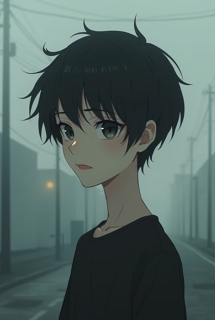 anime boy with flat face and sad eyes