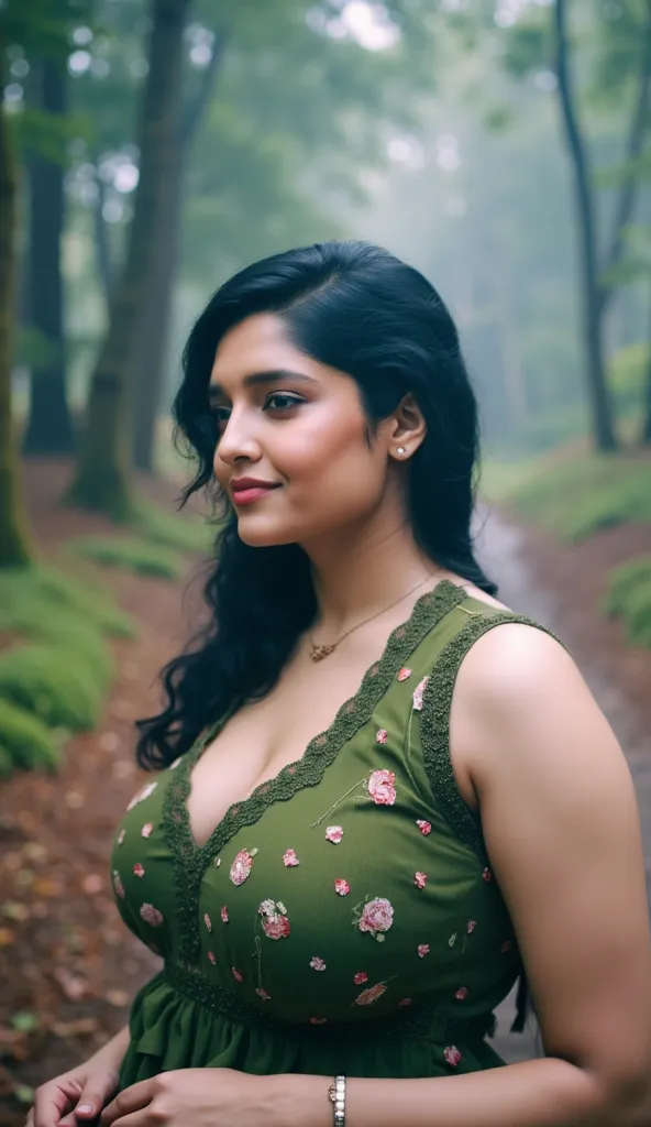 a young girl in a forest, detailed portrait of a beautiful girl with black hair, detailed face and body, perfect proportions, ph...