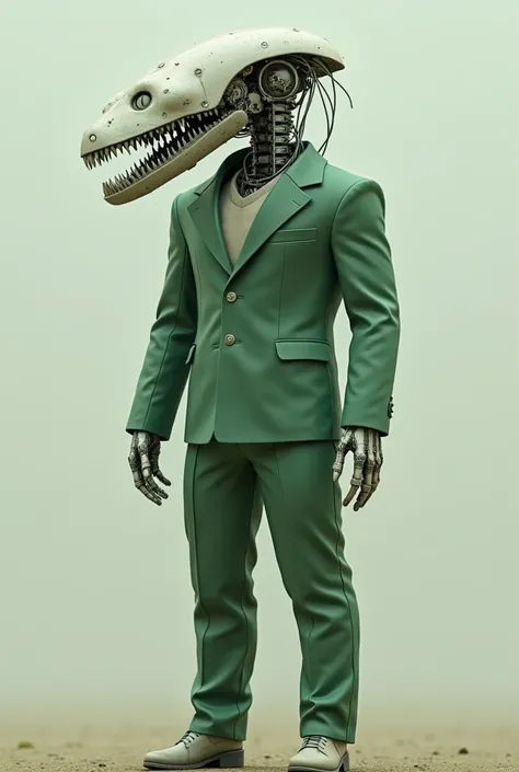 The robot has only a steel frame, has a long mouth, wears a green suit