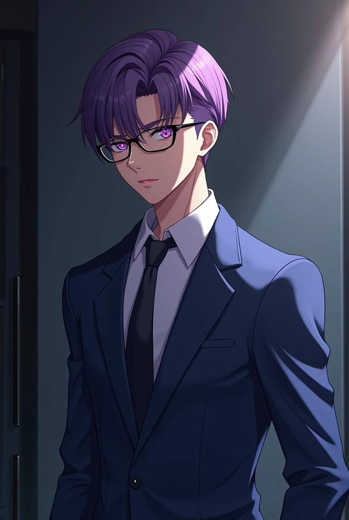 Make me a picture of a guy that is 29 short hair purple eye and glasses wear silver sky blue suit in jjk style more daddy look and suit darker