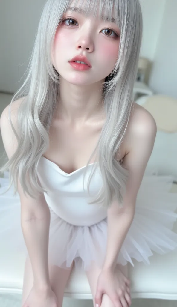 beautiful double eyelids very cute girl  ,(((albino girl,   very white skin  , gray hair, ))), beautiful detailed eyes ,   doubl...