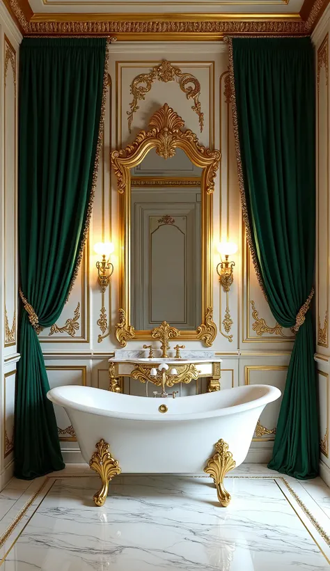  "Design a highly luxurious, Baroque-inspired bathroom that exudes opulence in every detail. The centerpiece is a grand, free-standing white marble bathtub with gold claw feet, adorned with intricate carvings and surrounded by emerald green velvet curtains...