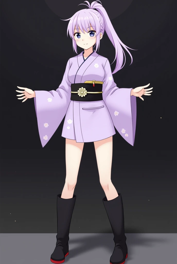 an anime-style character. The character is depicted with long, light purple hair styled in a high ponytail, and has fair skin. She is wearing a short, lavender kimono with wide sleeves and a black obi belt adorned with a decorative brooch. The kimono has s...