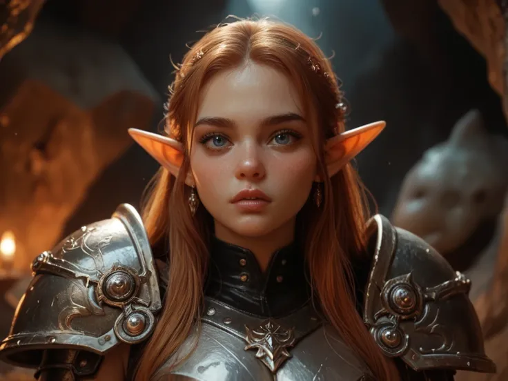  draw a young elf with long beautiful hair,  in leather armor ,  that hides in a deep cave . Theres fear on her face, the excitement and blush .