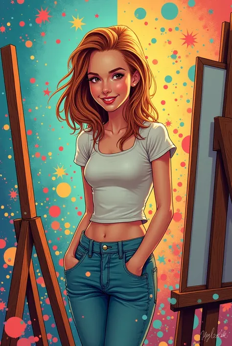  comic  Amy Adams as a Girl with an easel . graphic illustration, comic art, graphic novel art, vibrant, highly detailed
