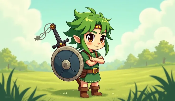 「 they have a young warrior character with green hair 、 they wear a circle decorated on their head。, they are crossing their arms in a relaxed position 、Wearing brown boots, 、 they have the vibe of an adventurer 。 with a circular shield and sword on their ...