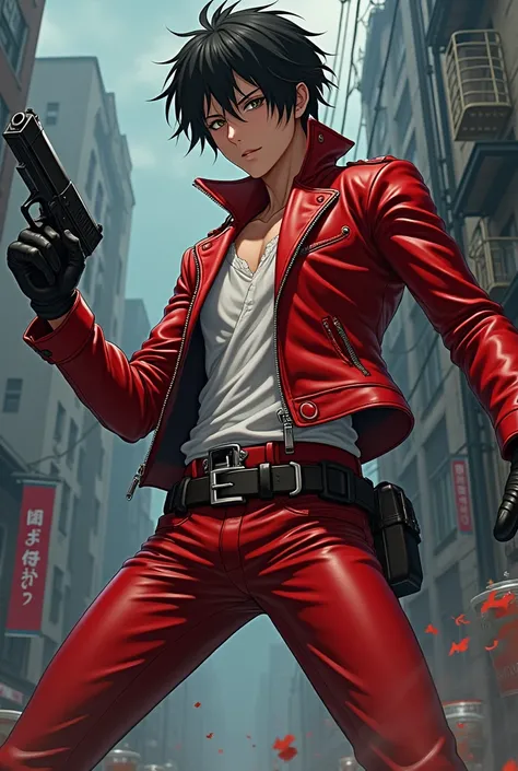  Akada Akuto Wears a Red Leather Jacket Wears Red Leather Pants and Leather Gloves(main character)teeth『Dont move 、 Ill shoot if I move 。( buckets 、、Bang bang)』An anime called 