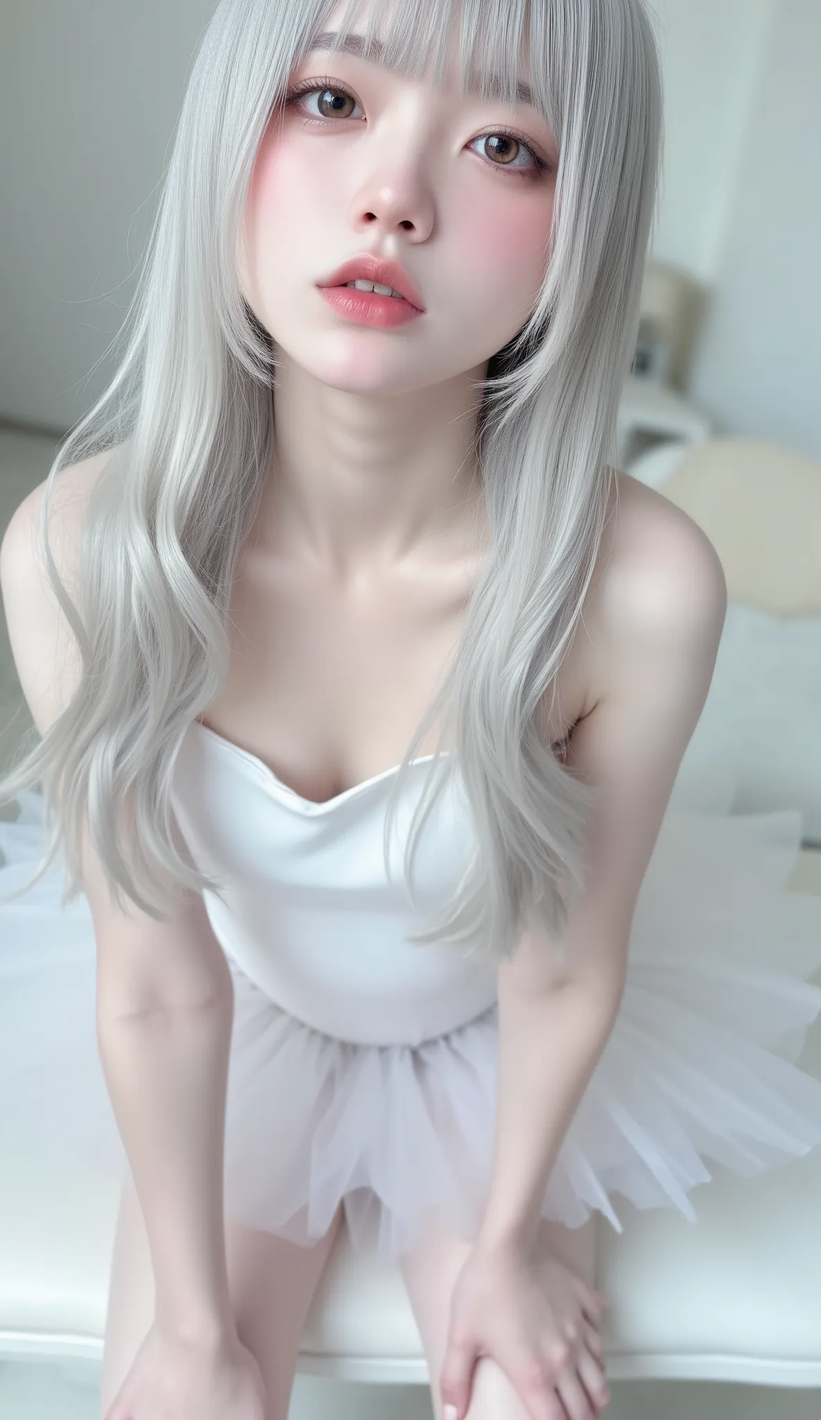 beautiful double eyelids very cute girl  ,(((albino girl,   very white skin  , gray hair, ))), beautiful detailed eyes ,   doubl...