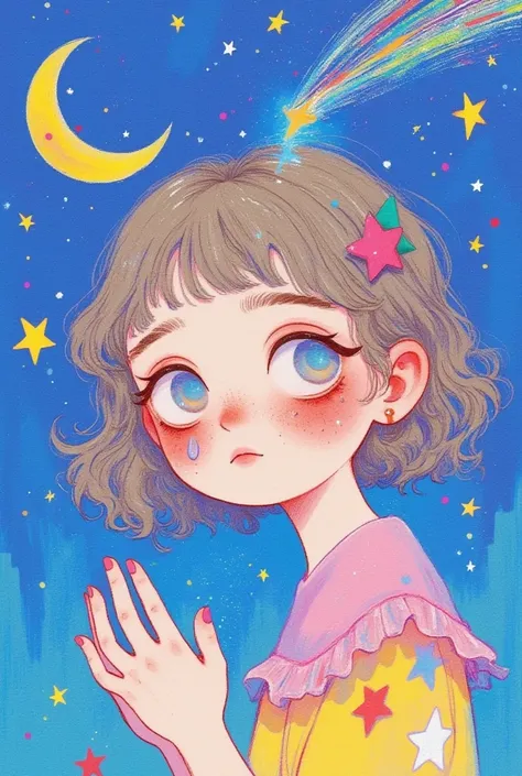 (masterpiece,  Best Quality :1.2),  colored pencil drawing, sketch,   Dream illustration  ,1 Girl，Stars and tears ，moon，Meteor Shower