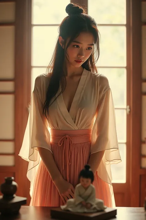 Arab Asian woman in skirt and shirt posing in bedroom,  lower angle, bowing, Goddess of Japan, backlit, looking from behind, [on the table, Japanese models, engaging pose, bottom photo, High socks and skirt,  Back View, young sensual idol gravure, Setbacks...