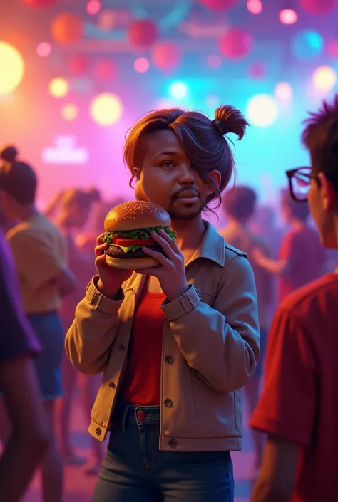 Character eats hamburger at a diddy party