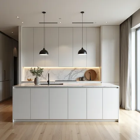 A modern and minimalist kitchen in a luxurious home. The space features simple, elegant furniture with white marble surfaces and polished concrete countertops. Soft lighting highlights the details of the room, with recessed ceiling lights and pendant light...